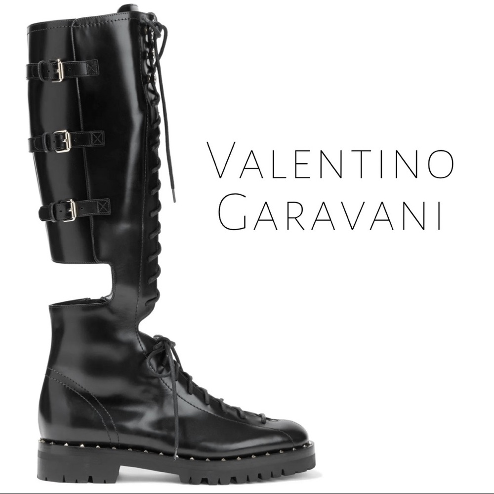 VALENTINO GARAVANI 🔥 Soul Rockstud cutout glossed-leather knee boots